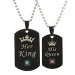 SXNK7 Her King & His Queen Lovers Couple Necklaces Matching Set Black Stainless Steel Tag Pendant Necklace with Stone for Xmas Gift (His Queen Her King)