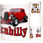 KAZMUGZ Rcokabilly Mug for rockers everywhere, with guitars and red American pickup truck. 11oz ceramic mug printed with Rockabilly images.