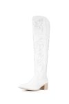 IUV Cowboy Boots For Women Thigh High Boots Over The Knee Heels Long Sexy Pointed Toe Embroidered Cowgirl Western Boots, White, 10