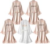 UrHot 5 Pcs Bridesmaid Kimono Robe sets Bride Silky Wedding Day Bathrobe with Lace Trim Embroidered Getting Ready, Champagne,white, One size