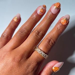 Glamnetic Halloween Press On Nails, Short Oval Cat-Eye, Golden Gourds