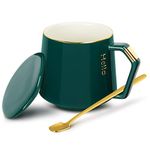 SMBOX Ceramic Mugs Coffee Mug with Lid Coffee Cup + Stainless Steel Spoon, 12oz/380ml Tea Mug, Great Gift for Birthday/Christmas/Valentine's Day-Green