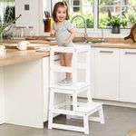 Kids Kitchen Step Stool for Kids with Safety Rail,Solid Wood Construction Toddler Learning Stool Tower, Montessori Toddlers Kitchen Stool (White)