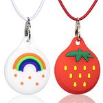 2 pc AirTag Necklace for Kids with Adjustable Stopper,Apple Air Tag TPU Silicone Protective Cover with 22 in Elastic Skin-Friendly Necklace for Kids,Toddler,Baby,Children Strawberry Rainbow,Black