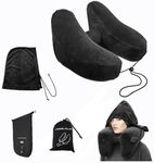 SIDOBELEI Neck Pillow for Travel, Air Inflatable Travel Pillow, Hooded Neck Pillow - Ideal for Airplanes, Cars, Trains, and Long Journeys, Comfortably Supports Head, Neck, and Chin - Black