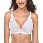 WingsLove Women's Sexy Lace Bra See Through Sheer Deep V Plunge Unlined Underwire Bralette (White,36C)