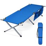 TANGZON Folding Camp Bed for Adults, Extra Wide Portable Camping Cot with Carry Bag, Heavy Duty Sturdy Sleeping Cot for Travel Beach Office (204kg Capacity, with Side Pockets, Blue, 190x73x42cm)