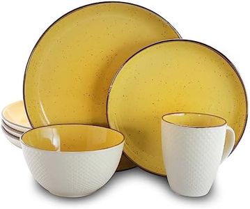 Elama Round Stoneware Luxurious Mellow Dinnerware Dish Set, 16 Piece, Bright Yellow and White