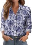 Zeagoo Blouses for Women Casual Dressy Button Down Shirts Blue Boho Print Tops Full Long Sleeve Work Outfits