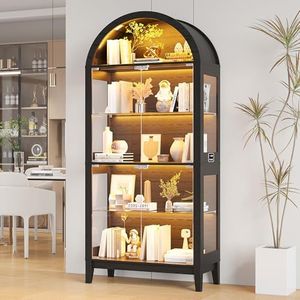 HNEBC Arched Book Shelf with Glass Doors, LED Bookcase with RGB Lights, 5 Tier Cabinet Has 9-Cube Storage, 69" Display Cabinet for Music-Synced Lighting Living Room,Bedroom(Black)