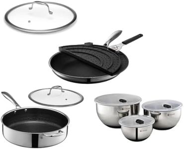 HexClad Hybrid Nonstick 8-Piece Cookware Set, Splatter Screen, 12" Pan with Lid, 5.5-Qt Sauté Pan with Lid, and 3-Piece Mixing Bowl Set, Stay-Cool Handles, Dishwasher and Oven-Safe, Induction Ready, C