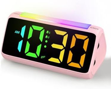 Netzu Digital Alarm Clocks for Bedrooms, Bedside Clocks with RGB Night Light, Rainbow Time, Large Display, Dual Alarm, Snooze, LED Desk Dimmable Alarm Clock for Kids Teens Pink