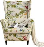 Aedlcal Wingback Chair Slipcover 2 Piece Stretch Printed Wing Chair Cover with Cushion Cover Thick Spandex Full Protection Armchair Slipcover for Living Room Bedroom (Printing-Beige Flower)