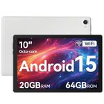 Hakaug Tablet 10 Inch Android 15 Tablets PC Octa-Core 20 GB RAM 64 GB ROM 1 TB TF Extension 1280x800 IPS Touchscreen WiFi 6 Widevine L1 Dual Camera 5000 mAh (White)