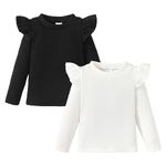 OPAWO Toddler Girl Shirts Ruffled Long/Short Sleeve Baby Tee Tops, Ribbed Toddler Girl Blouse, Baby Girl Clothes 2-Pack 12M-5T(Black/White, 5T)