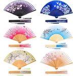 Barydat 6 Pieces Folding Fans Chinese Style Bamboo Handheld Fans Vintage Silk Fabric Holding Fan Foldable for Wedding Dancing Cosplay Party Wall Decoration (Vivid Style)