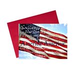 July 4th Greeting Cards - JF1802. Greeting Cards with America the Beautiful Lyrics in Front of an American Flag. Box Set Has 25 Greeting Cards and 26 Red Colored Envelopes.