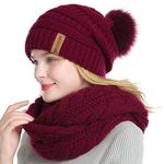 QUEENFUR Winter Women Thick Cable Knit Ribbed Infinity Circle Loop Scarf (06a- Burgundy Beanie&Scarf Set)