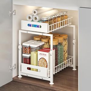 2-Tier Under Sink Organizer and Storage, Pull Out Cabinet Organizer, Multi-Purpose Under Sink Storage Rack, Height Adjustable Metal Sliding Shelf for Kitchen, Bathroom, Pantry (White)