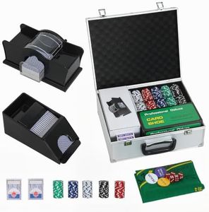 Soozier 300 Piece Poker Chips Set with Card Shuffler and Shoe Silver