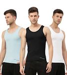 FREECULTR Men's Twin Skin Bamboo Cotton Regular Fit Vest, Anti Microbial, Anti Odor, Breath Tech Super Soft & Comfort Fit Inner Wear (Pack Of 3), Black, Chalk Blue, White