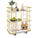 COSTWAY Gold Drinks Trolley, 3 Tier Mobile Bar Cart with Faux Marble Shelves and Lockable Wheels, Metal Kitchen Island Serving Trolley Cart for Home Living Room Restaurant