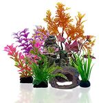 Artificial Aquarium Plants Fish Tank Decorations, Fish Tank Plastic Plants and Cave Rock Decorations Decor Accessories Set 8PCS, Applicable to Office and Household Simulation Fish Tank Plants