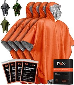 PREPARED4X Emergency Poncho with Mylar Blanket Liner – Heavy Duty, Waterproof, Wind-Resistant Green Rain Poncho for Outdoors, Camping, and Car Emergency Kits - Thermal Poncho - 4 Pack (Orange)