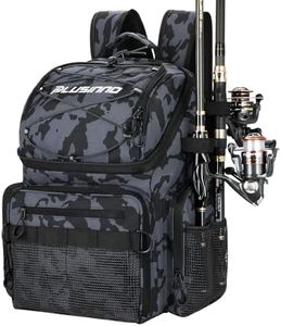 PLUSINNO Fishing Backpack with Rod Holders & Cooler, 45L Large Water-resistant Fishing Tackle Bag,Fishing Tackle Backpack Store Fishing Gear For Camping,Fishing Gifts for Men Father Black Camo