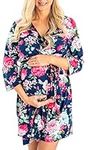 DOUBLE THE SPRINKLES Maternity Robe Labor Delivery Nursing Gown Hospital Breastfeeding Dress Nursing Nightgown (Large, Navy Floral)