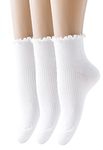 SEMOHOLLI Women Socks, Women Ankle Socks, Lovely double needle solid color Lace edge relent lady socks, Style1-3 Pairs-white, 5-8