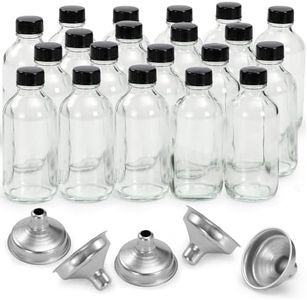 20 Pack, 4 oz Small Clear Glass Bottles with Lids & 5 Stainless Steel Funnels - 120ml Boston Sample Bottles for Potion, Juice, Wellness, Ginger Shots, Whiskey, Liquids - Mini Travel Essential Bottle