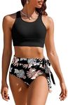 AI'MAGE Womens High Waisted Bikini Set Tummy Control 2 Piece Bathing Suit Modest Racerback Swimsuit 2024 with Tie Side Knot Black Flower XL