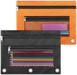 ASBEFORE Pencil Pouch for 3 Ring Binder - 3 Hole Zipper Pen Case Bag Holder Bulk Accessories Clear Window Aesthetic Organizer Pockets (Black&Orange, 2)