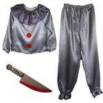 Kids Evil Clown Costume, Horror Halloween Fancy Dress Outfit, Matching Grey Set, Frilly Carnival Shirt, Elasticated Trousers Make Up & Plastic Knife, Medium 7-9 Years, Unisex Girls & Boys Killer Clown