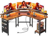 Flrrtenv Computer Desk 50.8" L Shaped with LED Strip & Power Outlets, Reversible L Shaped Gaming Desk with Monitor Stand, L Shaped Computer Corner Desk with Cup Holder, Home Office Desk, Rustic Brown