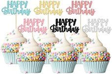 Gyufise 24Pcs Happy Birthday Cupcake Toppers Glitter Birthday Cupcake Food Picks for Celebrating Happy Birthday Party Cake Decorations Supplies Six Colors