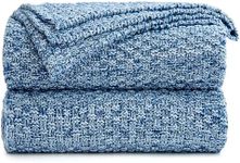 Longhui bedding Blue Knitted Throw Blanket for Couch - Soft, Cozy Machine Washable 100% Cotton Sofa Knit Blankets, 60 x 80 Inches Oversized, Blue and White Color, Laundry Bag Included