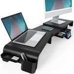 Fenge Dual Monitor Stand, 3 Shelf Adjustable Length and Angle,107cm Desk Organizer with Removable Slot Drawer, Tablet Phone Holder, Computer Laptop Riser Desk for 2 Monitors, Black