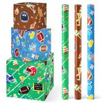 WERNNSAI Football Wrapping Paper Rolls - 3 Short Rolls Birthday Wrapping Paper Rugby Ball Gift Wrap Paper for Kids Boys Wrapping Paper Sports Birthday Gift Wrap Paper with Cut Lines 43 x 305cm