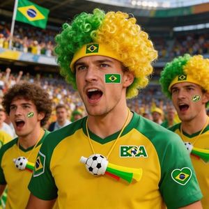 AXEN Brazil National Flag Colors Afro Wig with Nation Temporary Tattoos and Stadium Horn, World Soccer Cup Fans Cheer Accessories