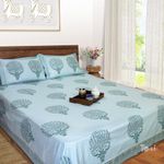 TOAI Art Hand Block Print Bedsheet | Long Staple Premium Cotton | 300TC| Luxury Sheet| Double Bed Size 90"X108" | Includes 2 Pillow Covers 18" X 28" | Bouquet on Light Blue