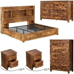 LUXOAK 5-Piece Farmhouse Bedroom Set - King Storage Bed & Dresser, Brwon