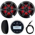 Enrock Marine Gauge Style Media Center Bluetooth USB AUX Receiver Bundle Combo with 2x 6.5" 120W Waterproof 2-Way Coaxial MultiColor LED Speakers with Chrome Grilles, Radio Cover, Wired AM/FM Antenna