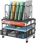 BOHDK Mesh Desk Organizer, 3-IN-1 Desktop Organizer with 3 Tier Tray and 5 Upright Sections, File Organizer for Desk with Sliding Drawer, Black