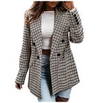 HAOLEI Houndstooth Jacket Women Casual Double Breasted Plaid Suit Jacket Coat Checked Long Sleeve Suit Blazer Regular Fit Work Business Office Fashion Casual Smart Autumn Winter Outwear Ladies Khaki