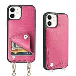 for iPhone 12 Pro Wallet Case, 6.1 inch, JLFCH for iPhone 12 Crossbody Case with Credit Card Holder Adjustable Crossbody Strap Shoulder Chain Lanyard Purse for Apple iPhone 12/12 Pro (2020) - Rose Red