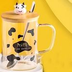 BonZeal Birthday Gift Item Printed Cow Mug Drinking Water Juice Glass with Lid Spoon Set of 1 Random Design 500 ml