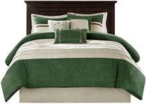 Madison Park Palmer Comforter Set-Luxury Faux Suede Design, Striped Accent, All Season Down Alternative Bedding, Matching Shams, Decorative Pillow, Bed Skirt, Queen (90 in x 90 in), Green 7 Piece