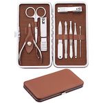 Manicure Set, FAMILIFE Manicure Kit - Nail Kit Mens Grooming Kit Pedicure Kit 9PCS Gifts for Men Boyfriend Nail Clipper Set Stainless Steel Professional Nail Set Care Manicure Tools Leather Case Brown